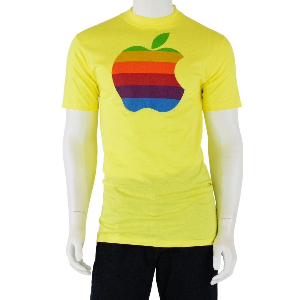 80s Vintage Rainbow Apple Logo T Shirt Mens M Yellow Hanes Beefy-T Tech Tee